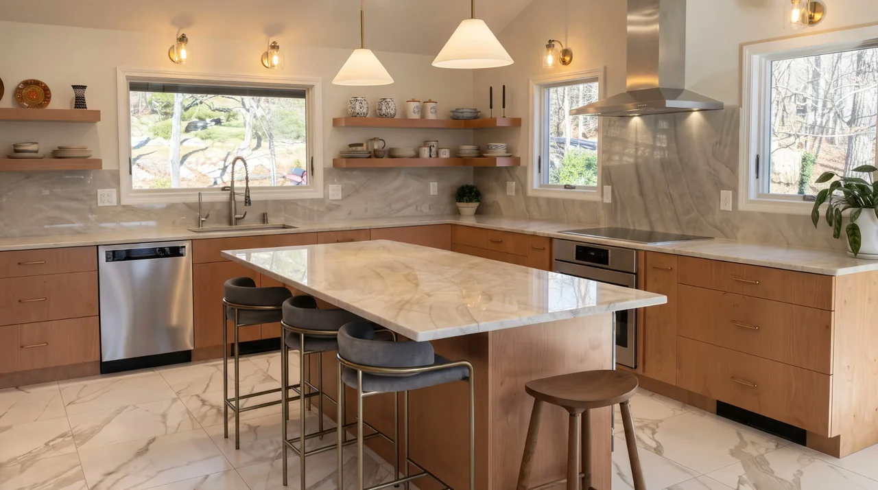 A kitchen with cherry slab cabinets, a quartzite island and full-height backsplash, white cone pendants, brass sconces and a marble-look tile floor