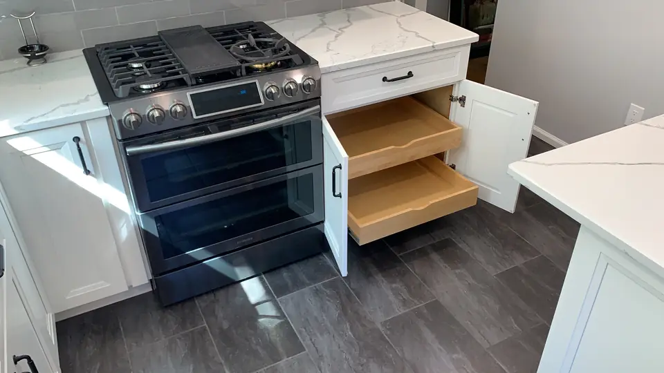 Roll-out shelves by the range